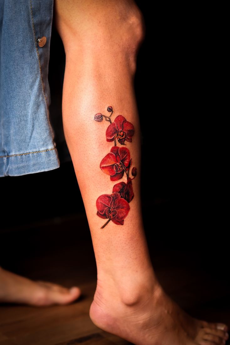 Red orchids on the calf